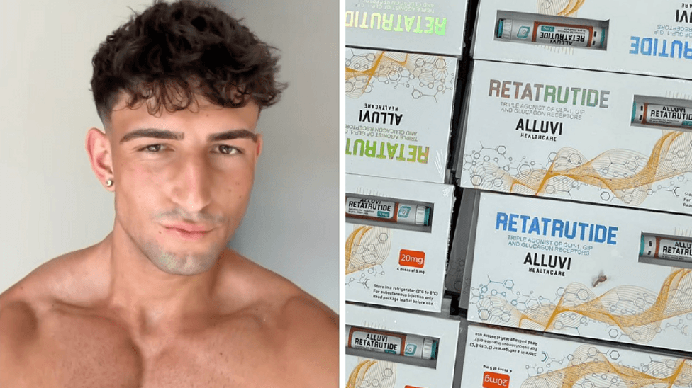 A picture of a young man looking at the camera, He has brown hair and is bare chested. An image of white boxes with retatrutide written in shimmery, colourful writing. The boxes have a little clear window where you can see a vial of fake retatrutide inside
