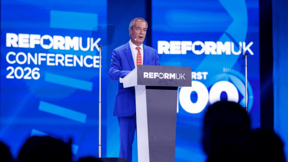 Reform UK leader Nigel Farage delivers his keynote speech on the second day of Reform UK Annual Conference at NEC in Birmingham, Britain, 04 September 2026.