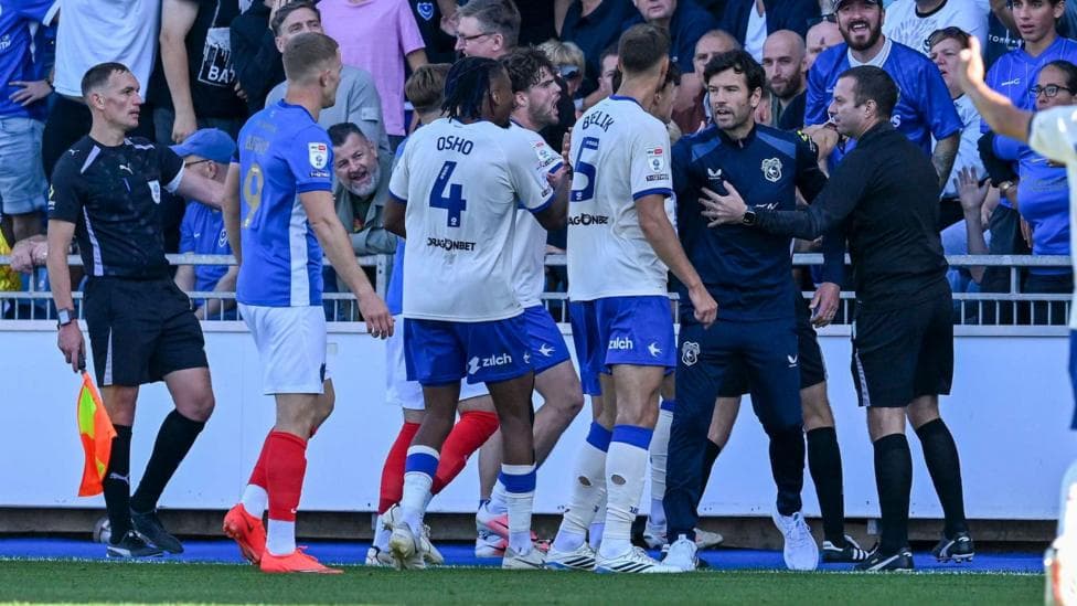 Cardiff players and coaches and Portsmouth fans get into an altercation.