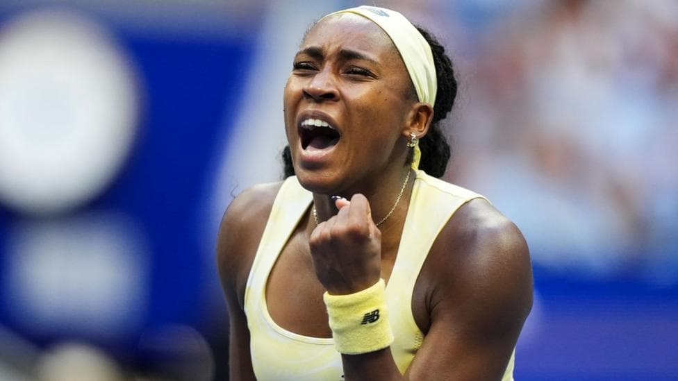 Coco Gauff celebrates winning her third-round match at the US Open