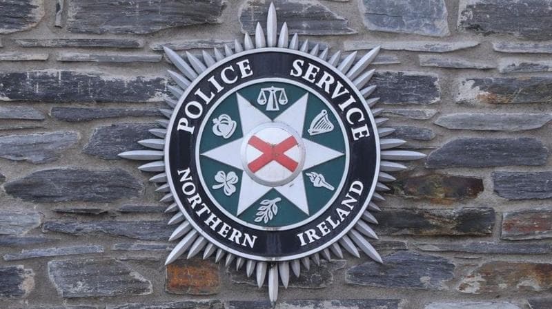 The crest of Police Service Northern Ireland placed on a brick wall. It is circular and its green, white and black.
