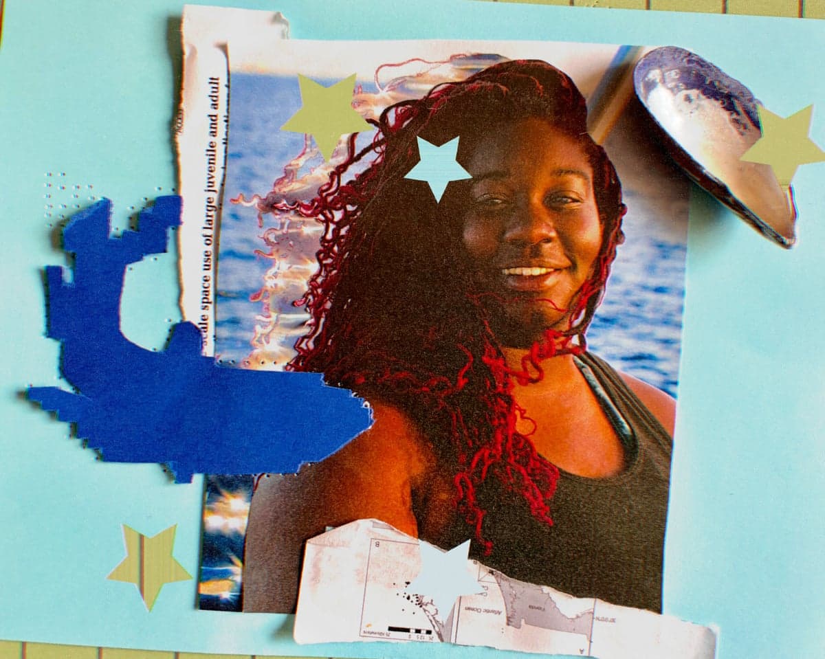 a graphic of a woman and a shark