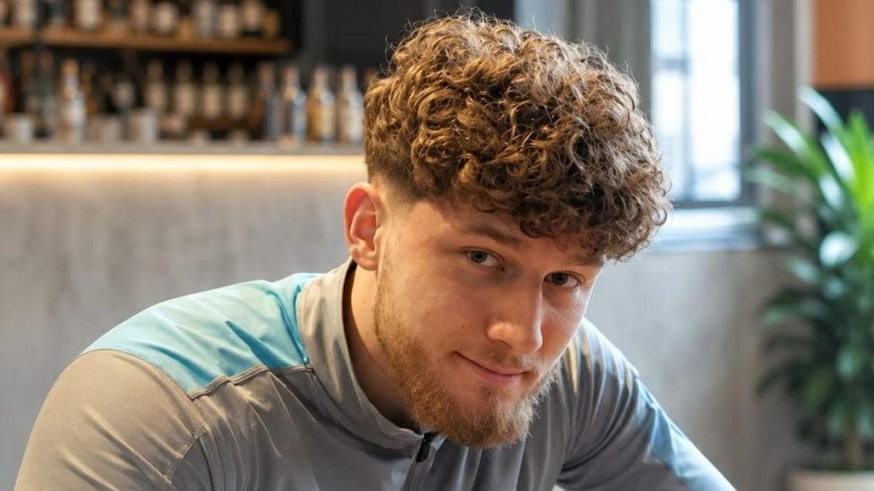 A young man with light brown curly hair and light brown facial hair. he is looking at the camera and smiling, wearing a grey and light blue zip top.