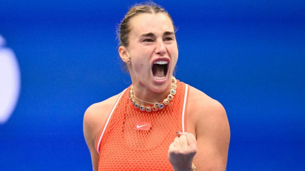 Aryna Sabalenka celebrates during her fourth-round match at the US Open