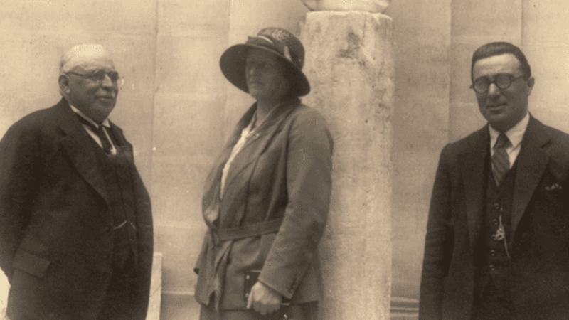 A black and white photograph from 1934 of Dorothea Bate (centre) with Sir Temi Zammit and Dr Joseph Baldacchino at the National Museum in Valletta, Malta.