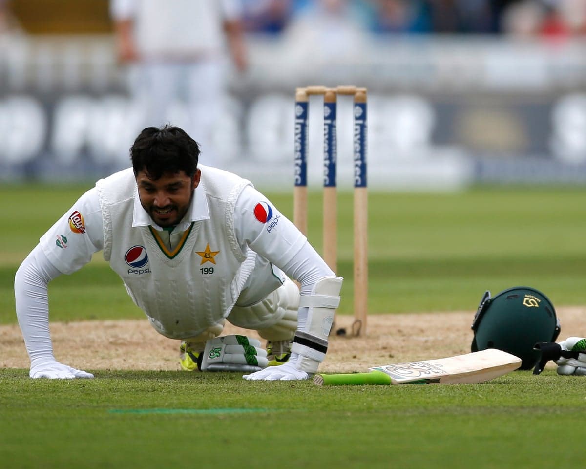 The Pakistan batter Azhar Ali celebrates scoring a hundred in his team's third Test against England at Edgbaston in 2016 by doing press-ups.