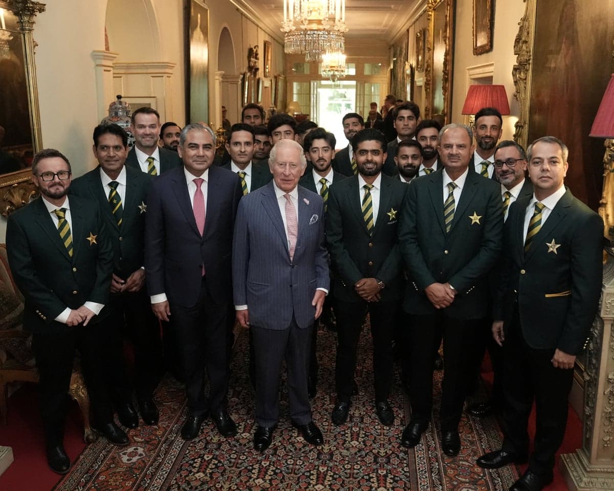 King Charles poses with Pakistan cricket team members at Clarence House this month.