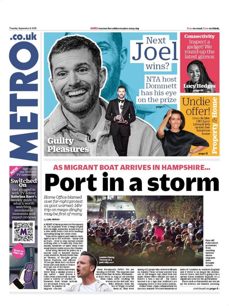 "Port in a storm" reads the headline on the front page of Metro.