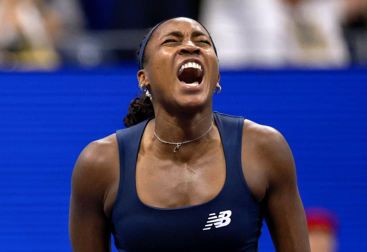 Coco Gauff celebrates after defeating fellow American Iva Jovic 6-1, 6-4 to reach the US Open quarter-finals.