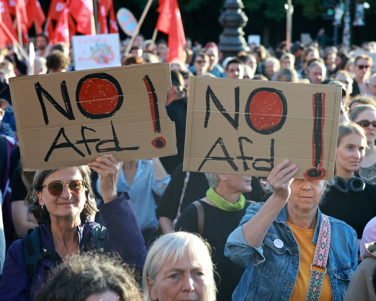Protesters at Brandenburg Gate hold cardboard signs reading "No AfD!" amid red flags
