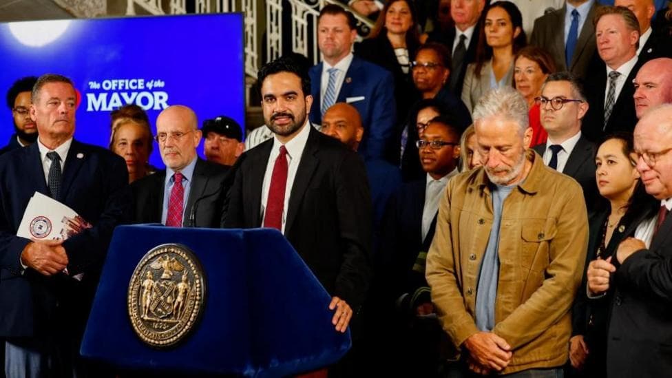 New York City Mayor Mamdani and actor and activist Jon Stewart attend a press conference, releasing more than 170,000 pages of previously unreleased records related to air quality in the aftermath of the 11 September 2001 attacks