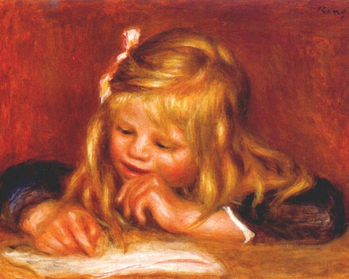 Painting of Coco, a young boy with blonde hair, leaning down writing on paper