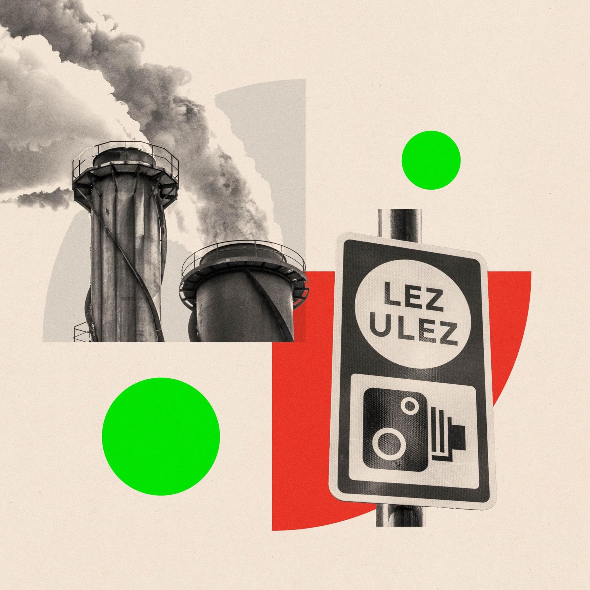 A treated collage of a ULEZ sign and industrial chimneys with smoke coming out