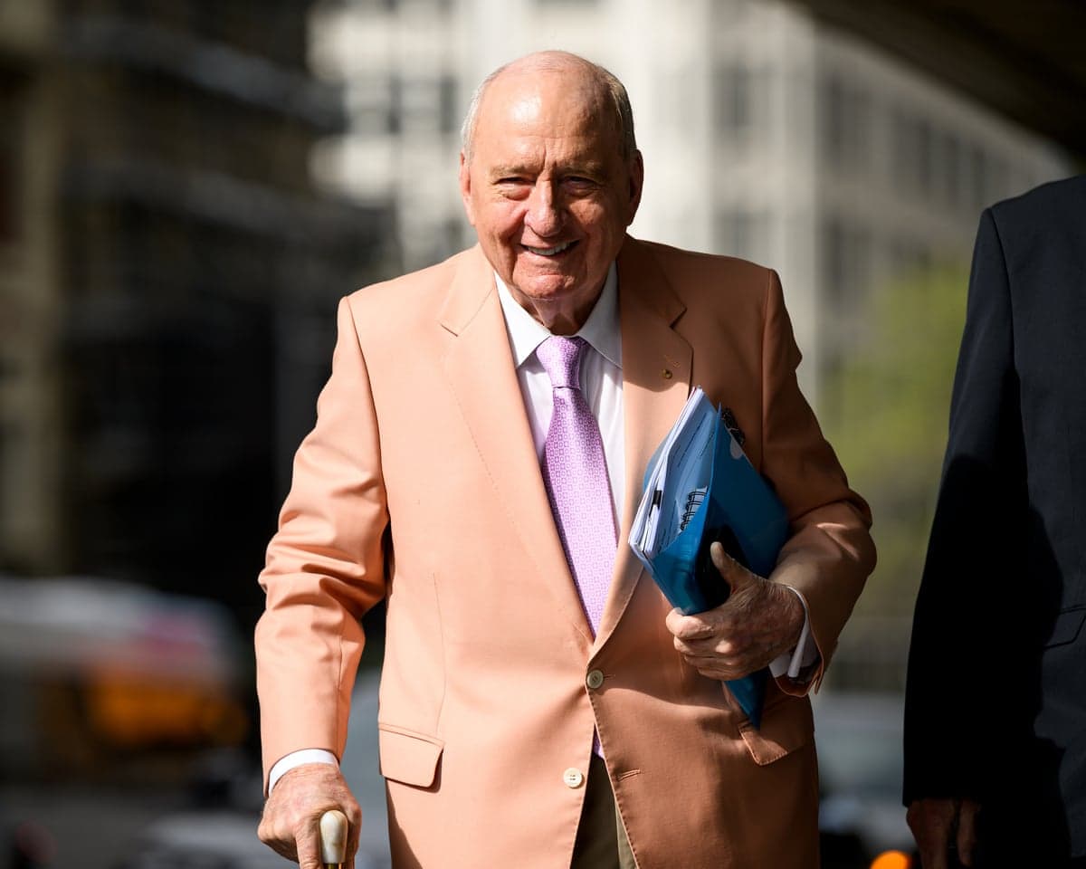 Alan Jones arrives at the Downing Centre Local Court in Sydney on Tuesday.