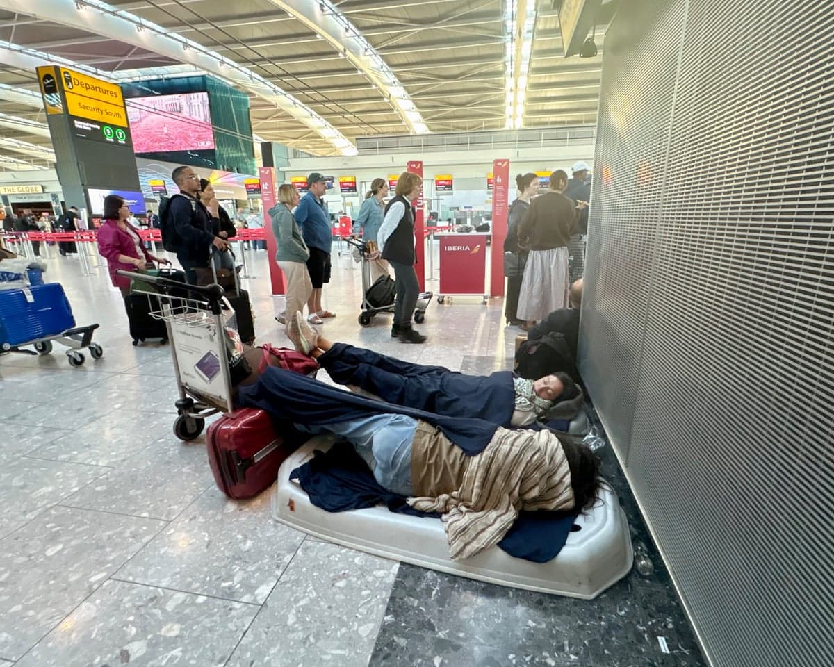 Passengers at Heathrow Airport in west London, during disruption after a system issue hit Nats, which provides air traffic control services to 15 UK airports. Further cancellations and delays are expected today.