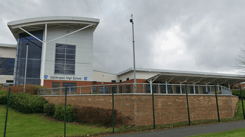 A general view of Calderglen High School on an overcast day.