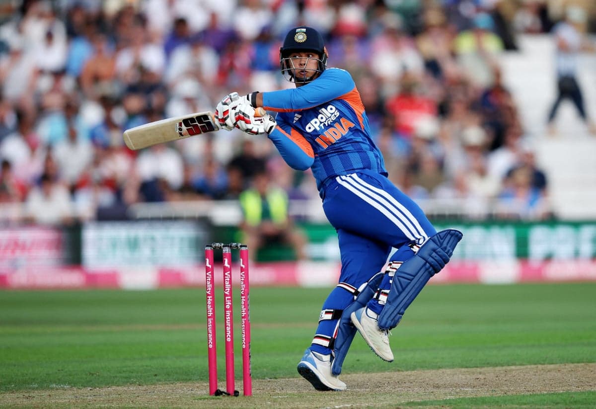 Vaibhav Sooryavanshi thrashes a shot during England’s third T20 international against India in July, which the hosts won on the way to a 4-0 series victory