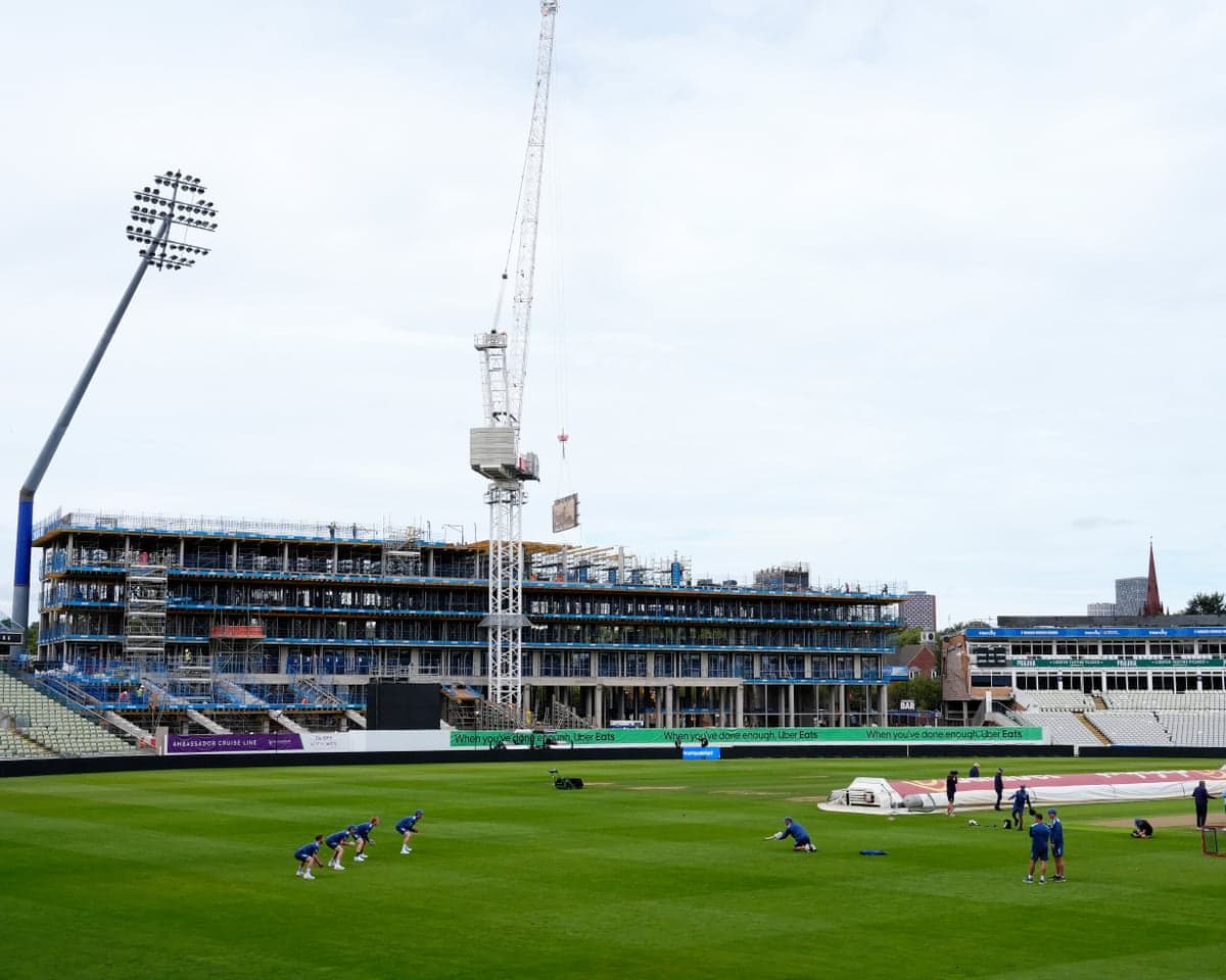 A general view of construction work on a new stand as England players train during a nets session at Edgbaston