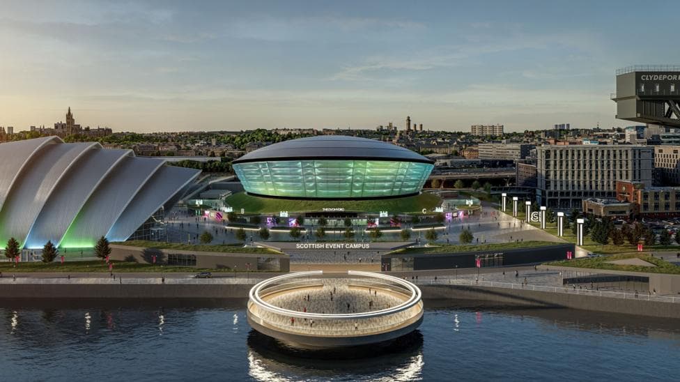 Artist's impression of the expanded SEC campus. The large. circular OVO Hydro music venue - lit up green - is prominent as is the nearby Armadillor music venue.
A circular platform, lit up, is sitting on the River Clyde.