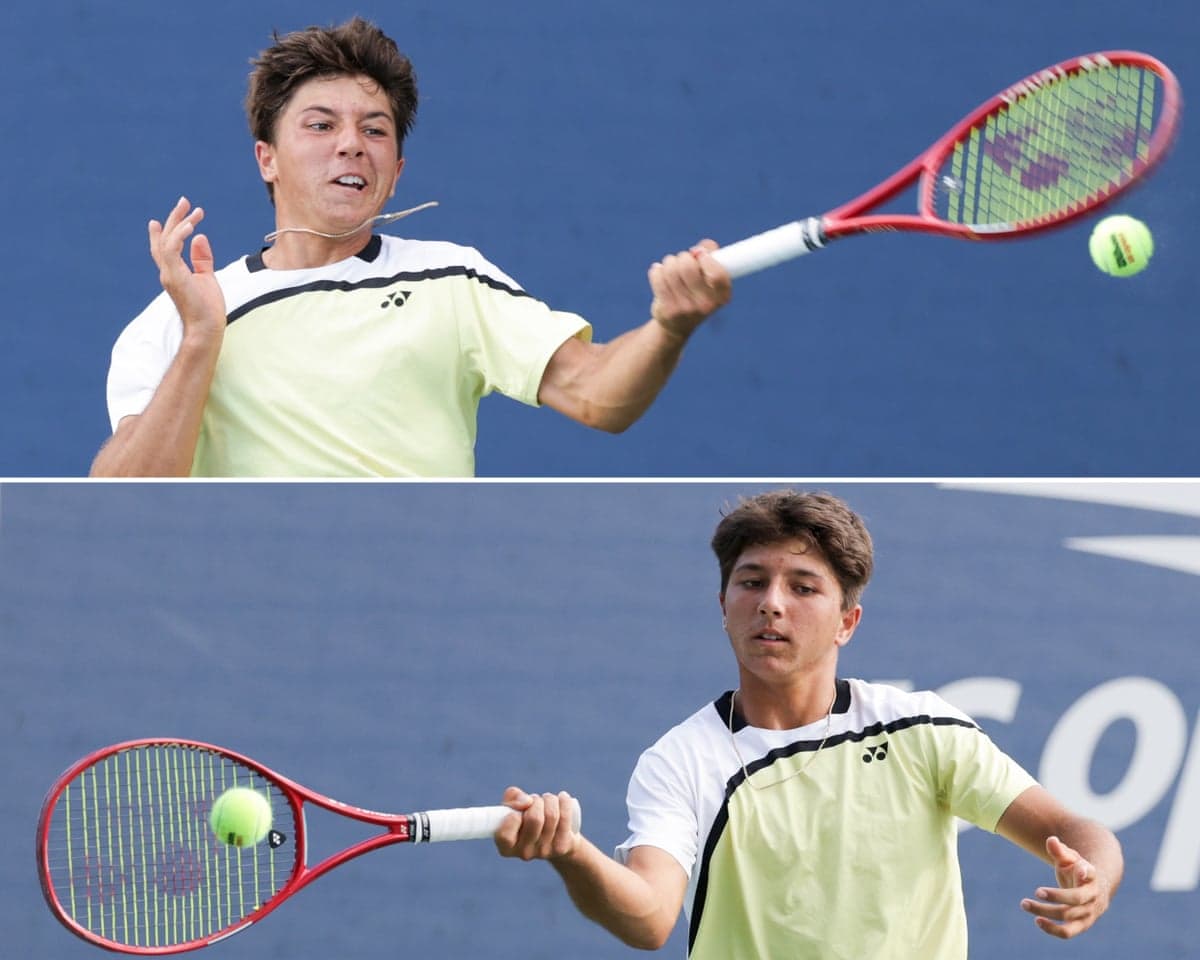 Teodor Davidov in action against Connor Doig during their junior boys’ singles match at the US Open on Sunday.