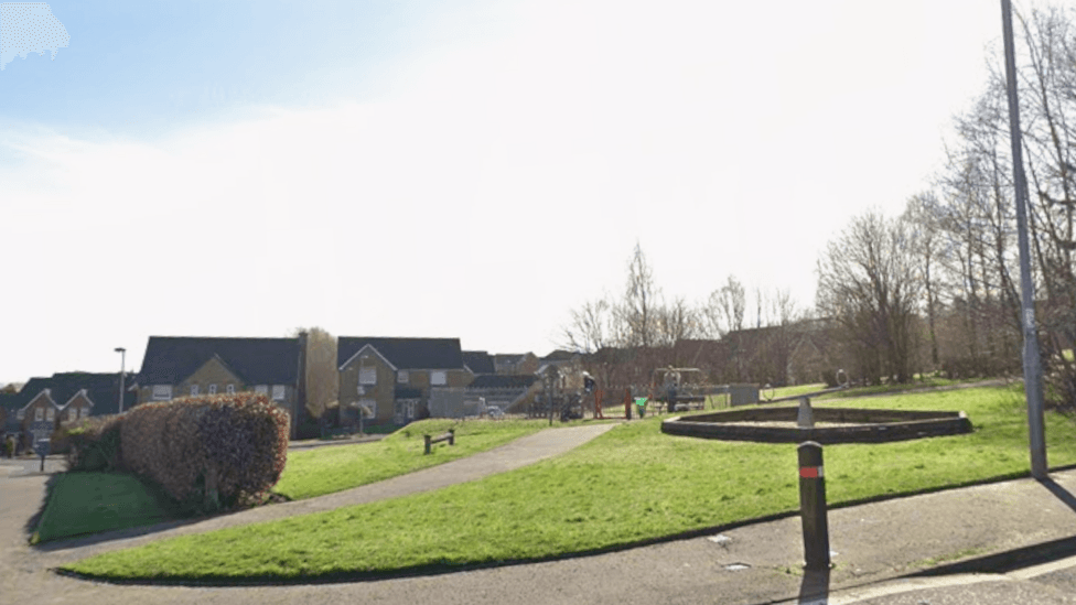 a open area of grass with a playpark in the distance, in a residential area.