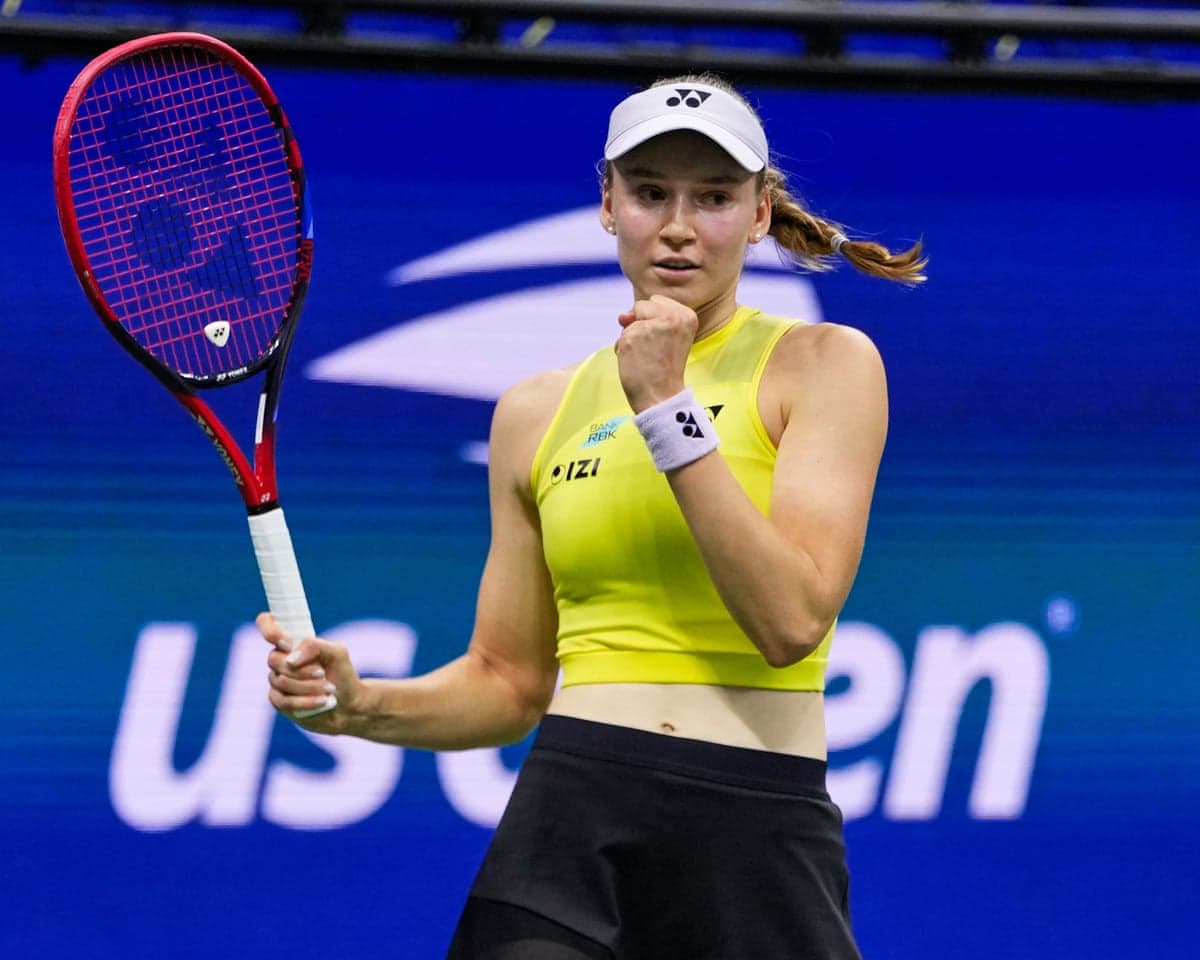 Elena Rybakina of Kazakhstan celebrates after beating Coco Gauff of the US to reach the US Open final.