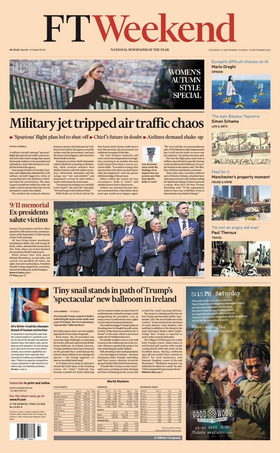 The headline on the front page of the FTWeekend reads: “Military jet tripped air traffic chaos”.