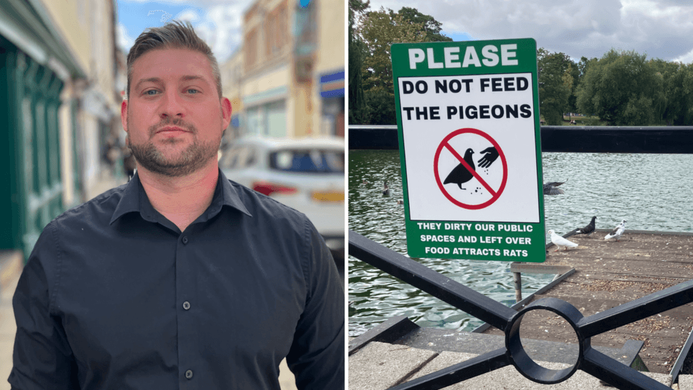 A composite image. On the left is a man wearing a dark shirt with a beard who is looking directly towards the camera with a street blurred behind him. On the right, a sign warns people against feeding