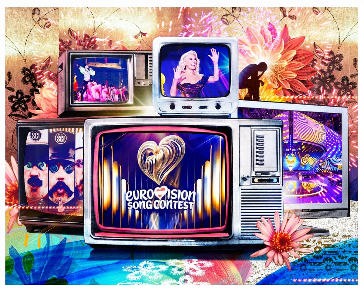 Collage of TVs showing moments from past Eurovision song contests