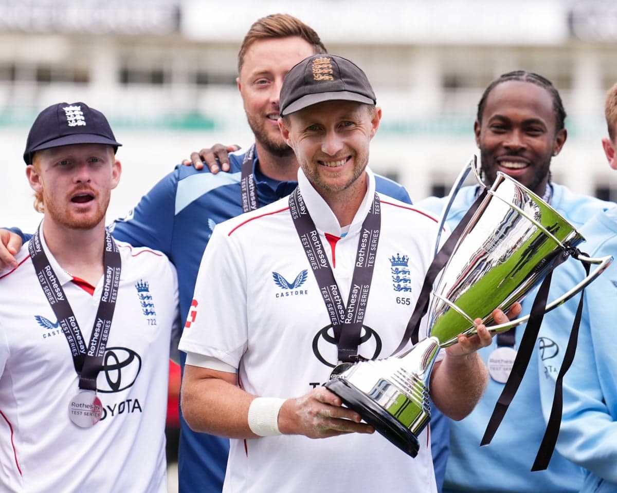 England captain Joe Root with the series trophy