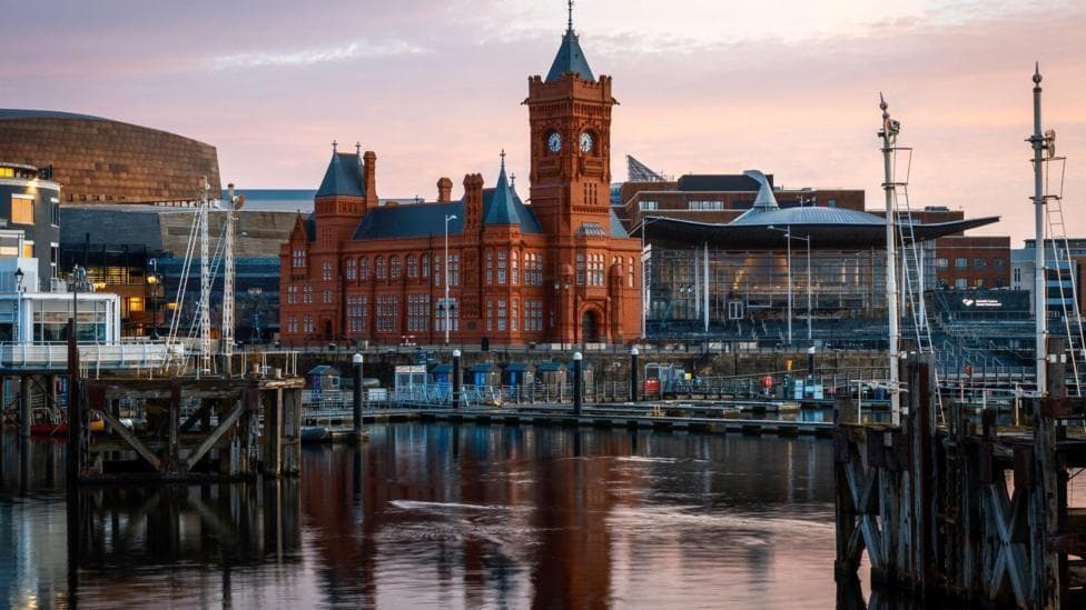 Welsh Senedd building overlooked from Cardiff Bay