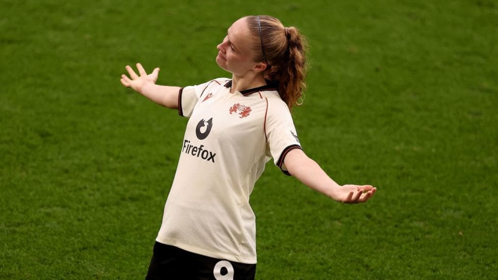 Wrexham's Katie Barker celebrates after scoring at the Cardiff City Stadium.