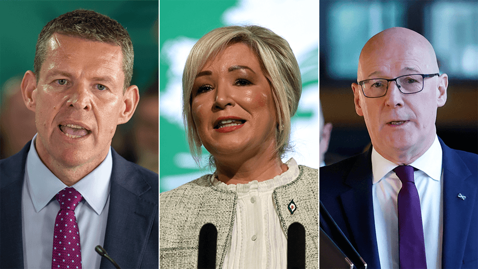 The image is made up of three photographs. The left-hand photo shows Rhun ap Iorwerth. The centre image shows Michelle O'Neill. The right-hand image is of John Swinney. All three are speaking from a podium.