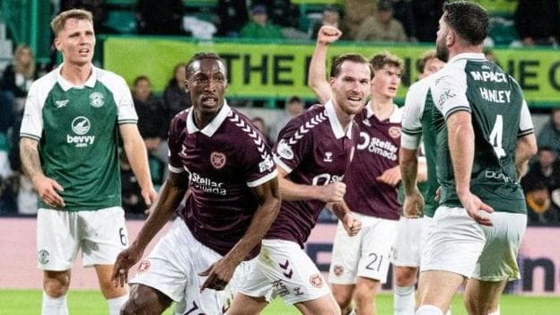 Hearts' Laurent Mendy celebrates scoring to make it 2-0 against Hibs