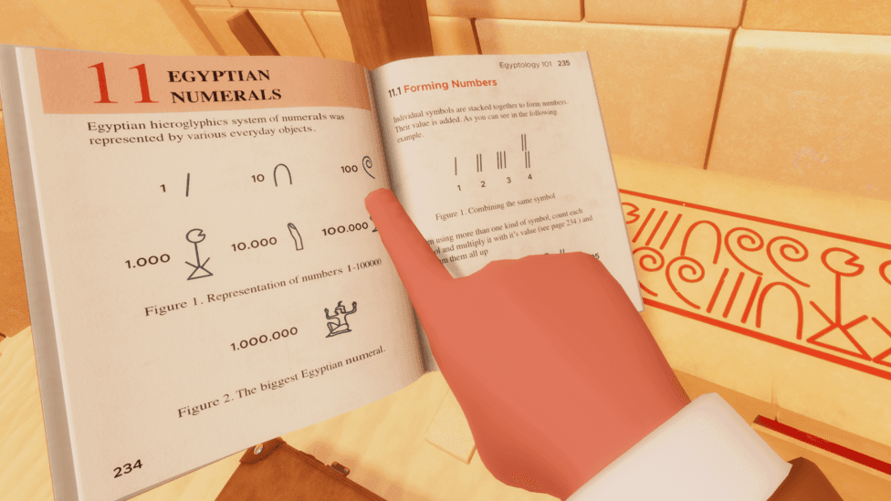 A character points at a book of Egyptian Numerals