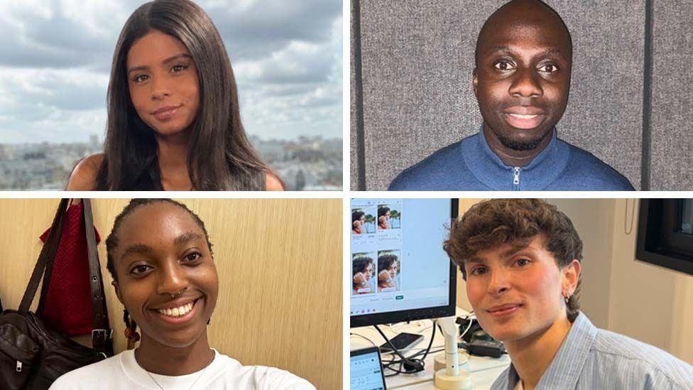 A four-way split pic using headshots of case studies Sarisha Ganesan, Oliver Walker, Chinaza Eke and Elijah Amoako