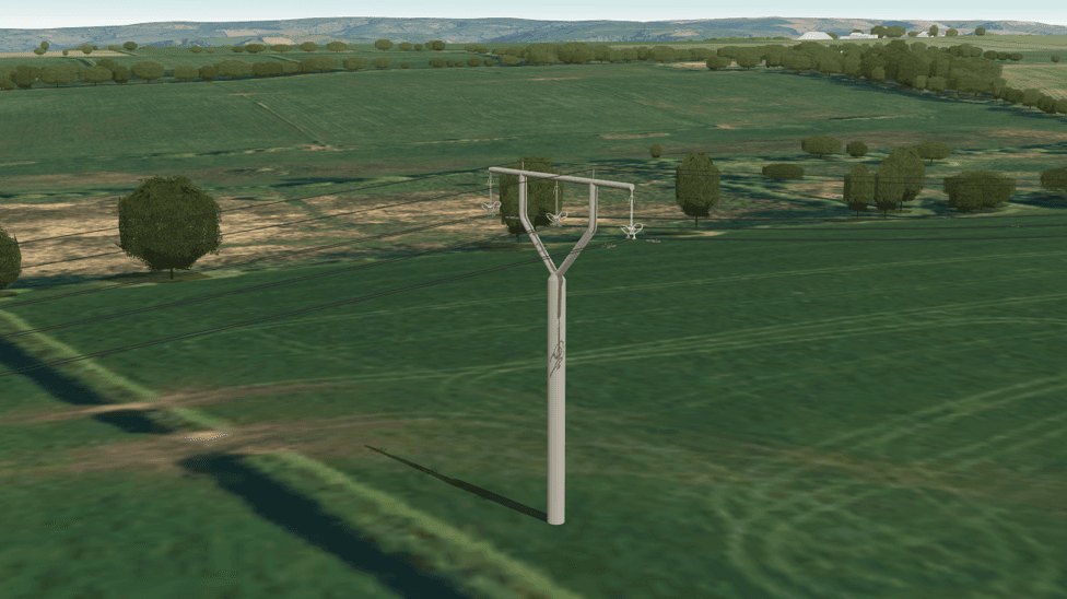 A computer simulated image of what Green GEN Cymru's new monopole could look like. A single white pole with two arms branching off at the top.