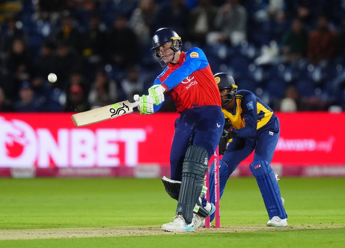 Tom Banton hits one of his four sixes during England’s six-wicket win against Sri Lanka at Sophia Gardens, Cardiff.