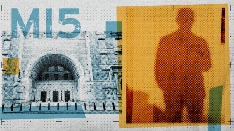 Composite styled image of a shadowy figure, with an orange box around him. The letters MI5 are prominent in the top left of the frame. And the exterior of Thames House in London is also pictured with a light blue colour wash.