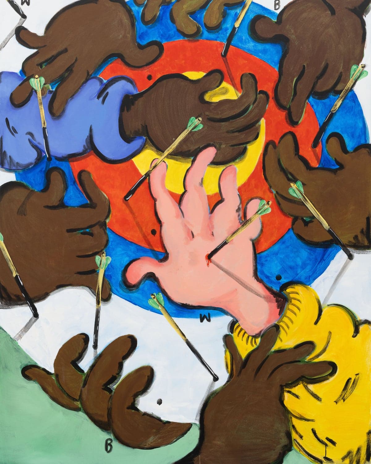 Painting of many brown hands reaching toward a pink hand pierced by arrows on a target
