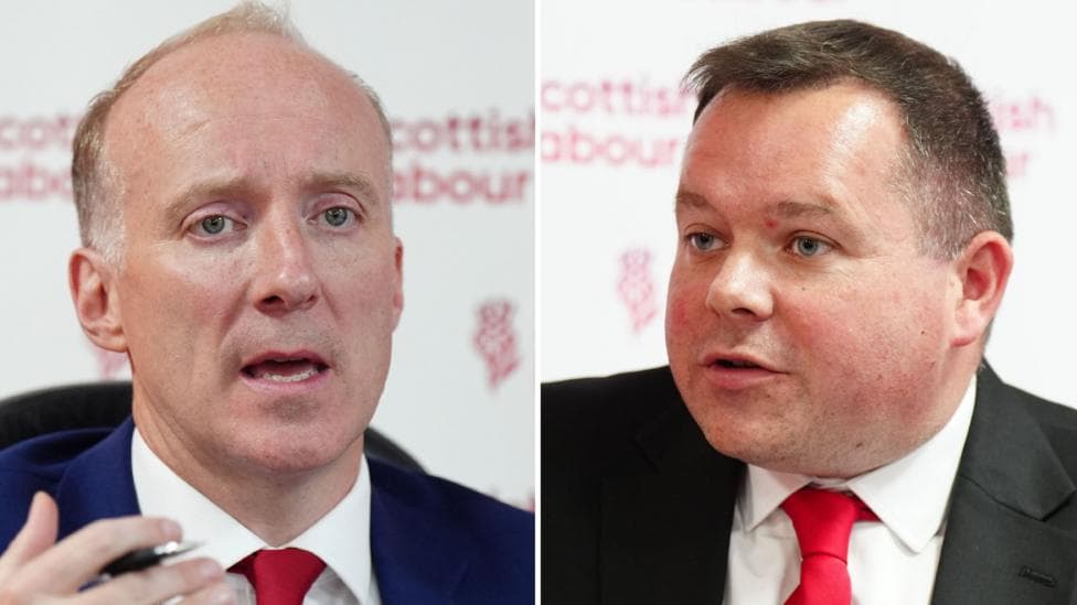 This is a side-by-side composite image of Michael Marra and Joe Fagan. Each candidate wears a dark suit jacket, white shirt, and bright red tie. They are speaking separately at a leadership hustings event and have a Scottish Labour backdrop behind them.