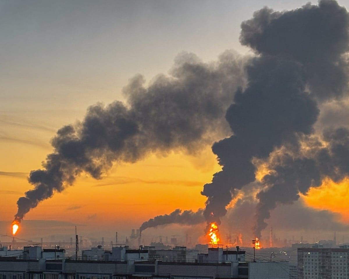 Plumes of smoke rise from fires at an oil refinery in Moscow