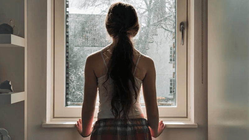 A young girl with a ponytail staring out of a window, seen from behind