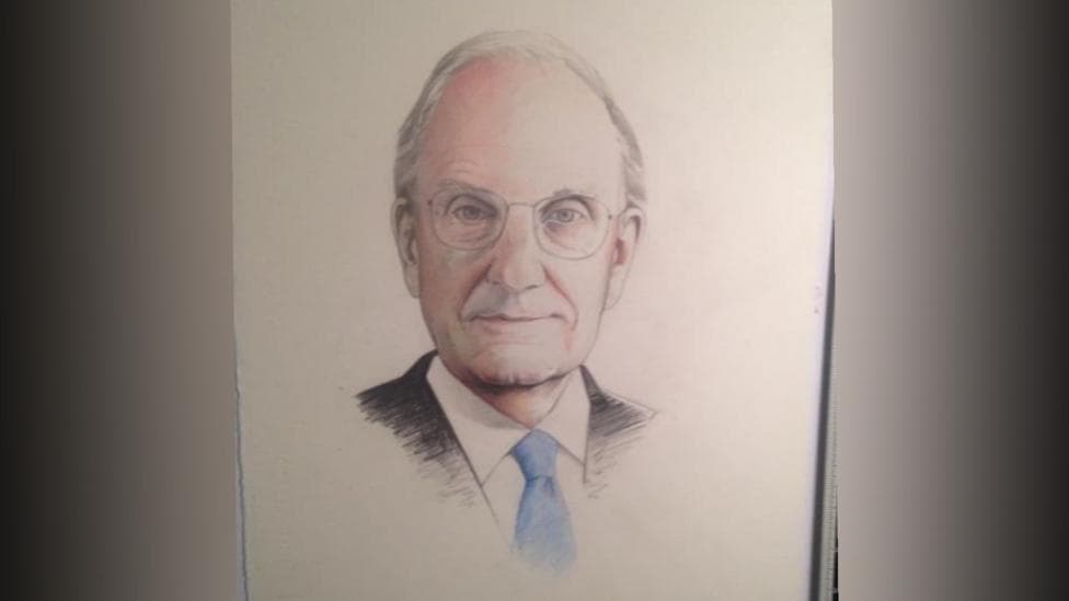 A pen portrait of Mitchell. It is a head portrait on paper and depicts him in a blue tie, glasses and black suit.