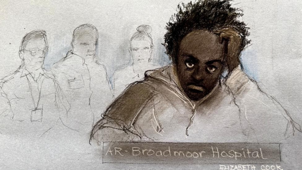 A court sketch of Rudakubana sitting with his head on his left hand
