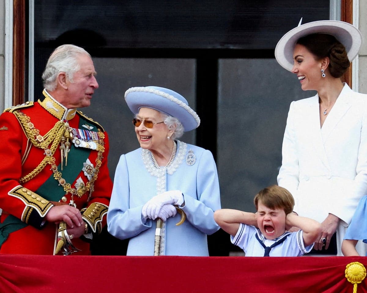 The then Prince Charles, Queen Elizabeth, Duchess of Cambridge and Prince Louis on the Buckingham Palace balcony during the Trooping the Colour in 2022