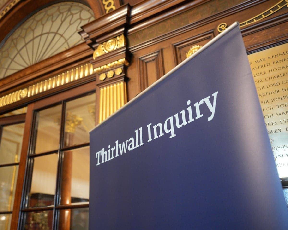 Sign outside Liverpool town hall that says 'Thirlwall Inquiry'