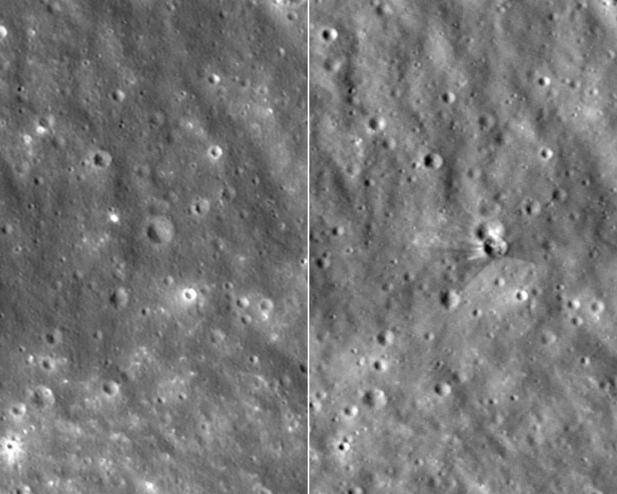 side by side images of bumps and craters on the moon's surface. the one on the right shows a new crater