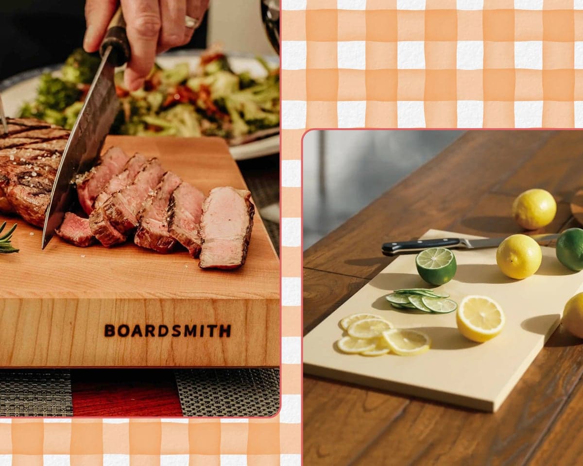 Cutting boards by Boardsmith and Asahi on a gingham background