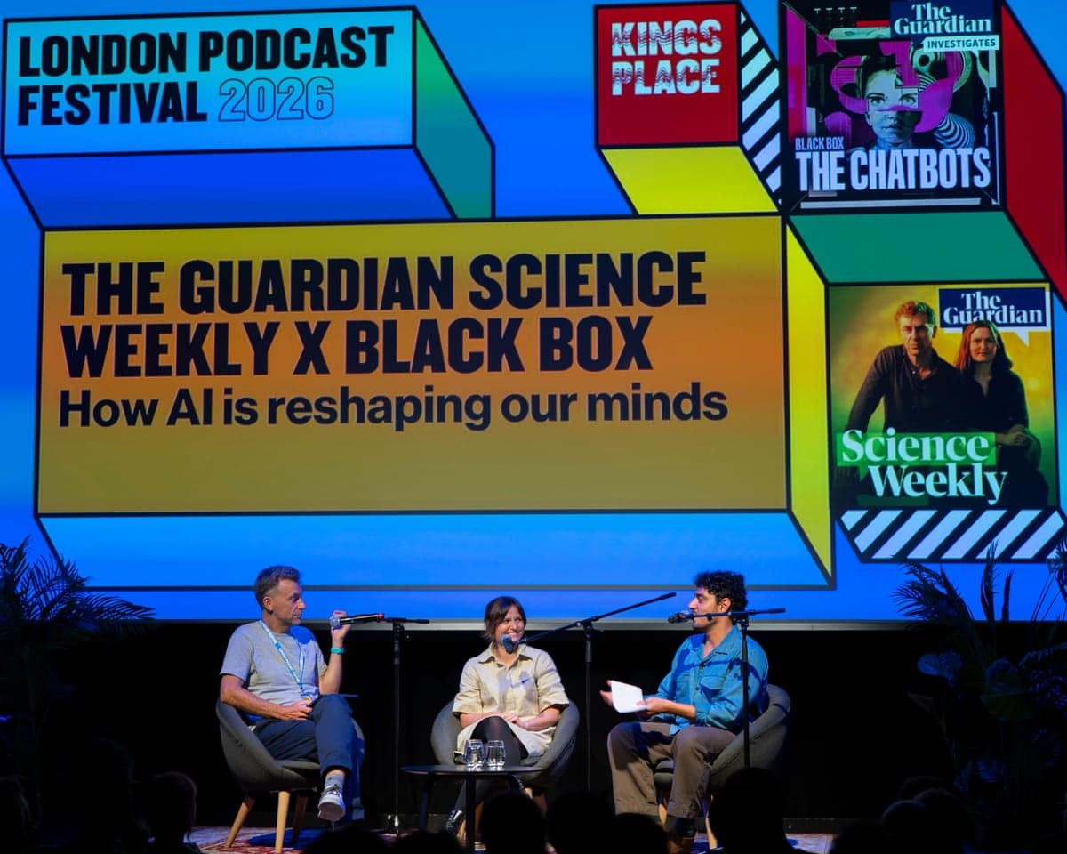 Ian Sample, Madeleine Finlay and Michael Safi on stage at the London podcast festival